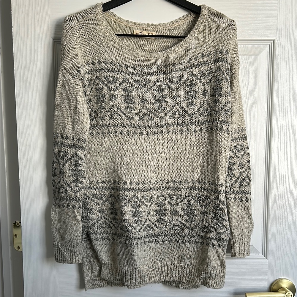Hollister Gray Crew Neck Sweater with Nordic Pattern